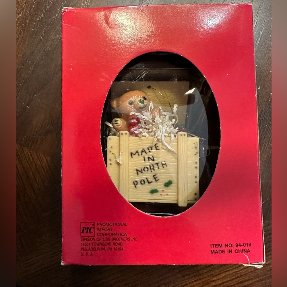 Vintage Teddy Bear Crate Box Plastic Christmas Ornament Made in the North Pole